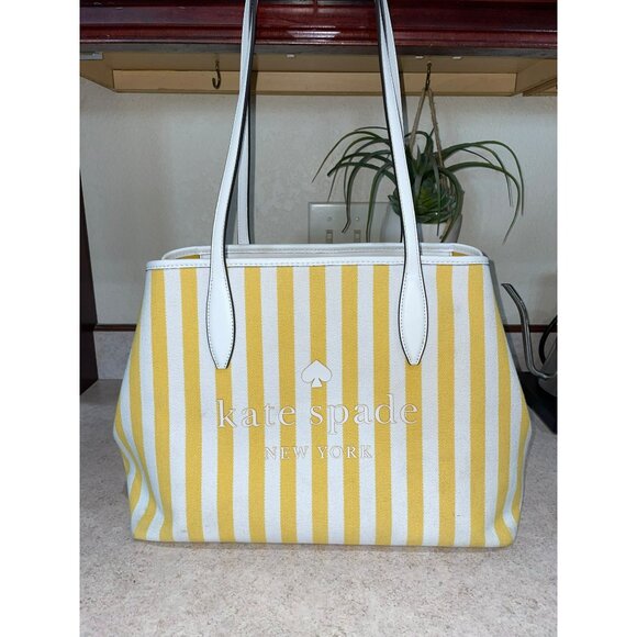 Kate Spade New York Yellow & White Striped Canvas Tote Bag With Leather Handles - Picture 2 of 8
